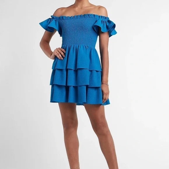 NWT Express Smocked Ruffle Off The Shoulder Dress- Size XS, Blue/Teal - Picture 4 of 11